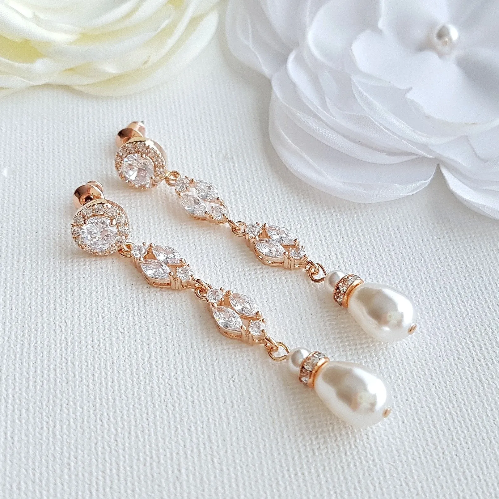 Long Rose Gold Clip On Wedding Earrings- Hayley