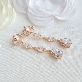 Long Rose Gold Clip On Wedding Earrings- Hayley