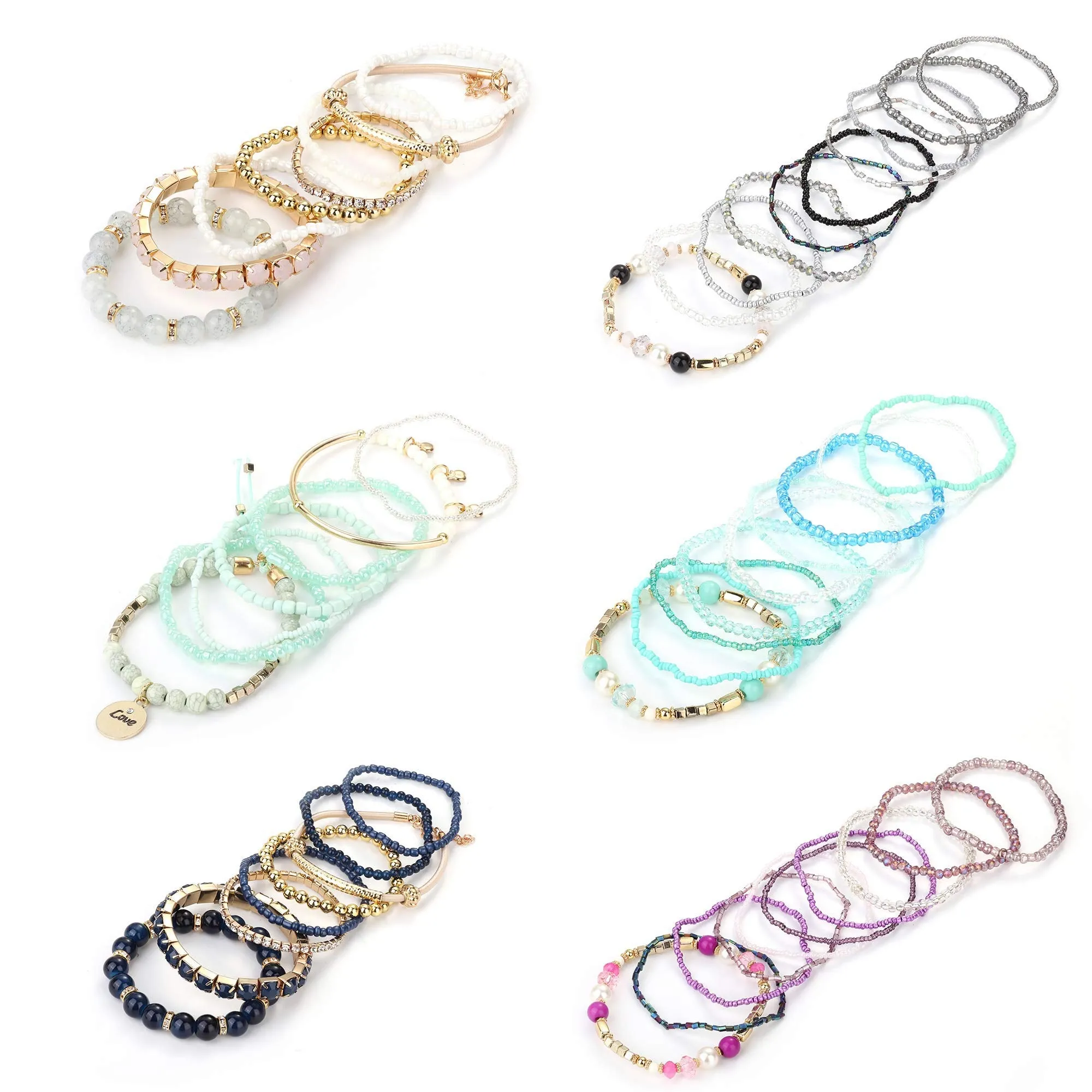 LOYALLOOK 6 Sets Bohemian Stackable Bead Bracelets for Women Stretch Bohemian Style Stretch Multilayered Boho Bracelet Set