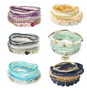 LOYALLOOK 6 Sets Bohemian Stackable Bead Bracelets for Women Stretch Bohemian Style Stretch Multilayered Boho Bracelet Set