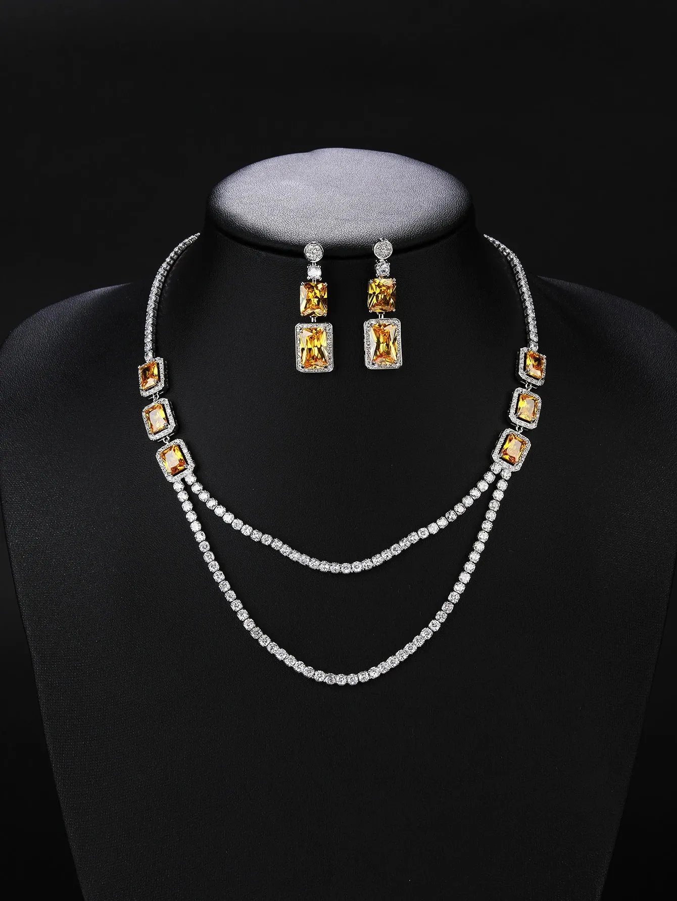 Luxury Green ,Yellow Square Cubic Zircon Double Layered Necklace Earrings Set Wedding Bridal Jewelry Dress Accessories CN10535