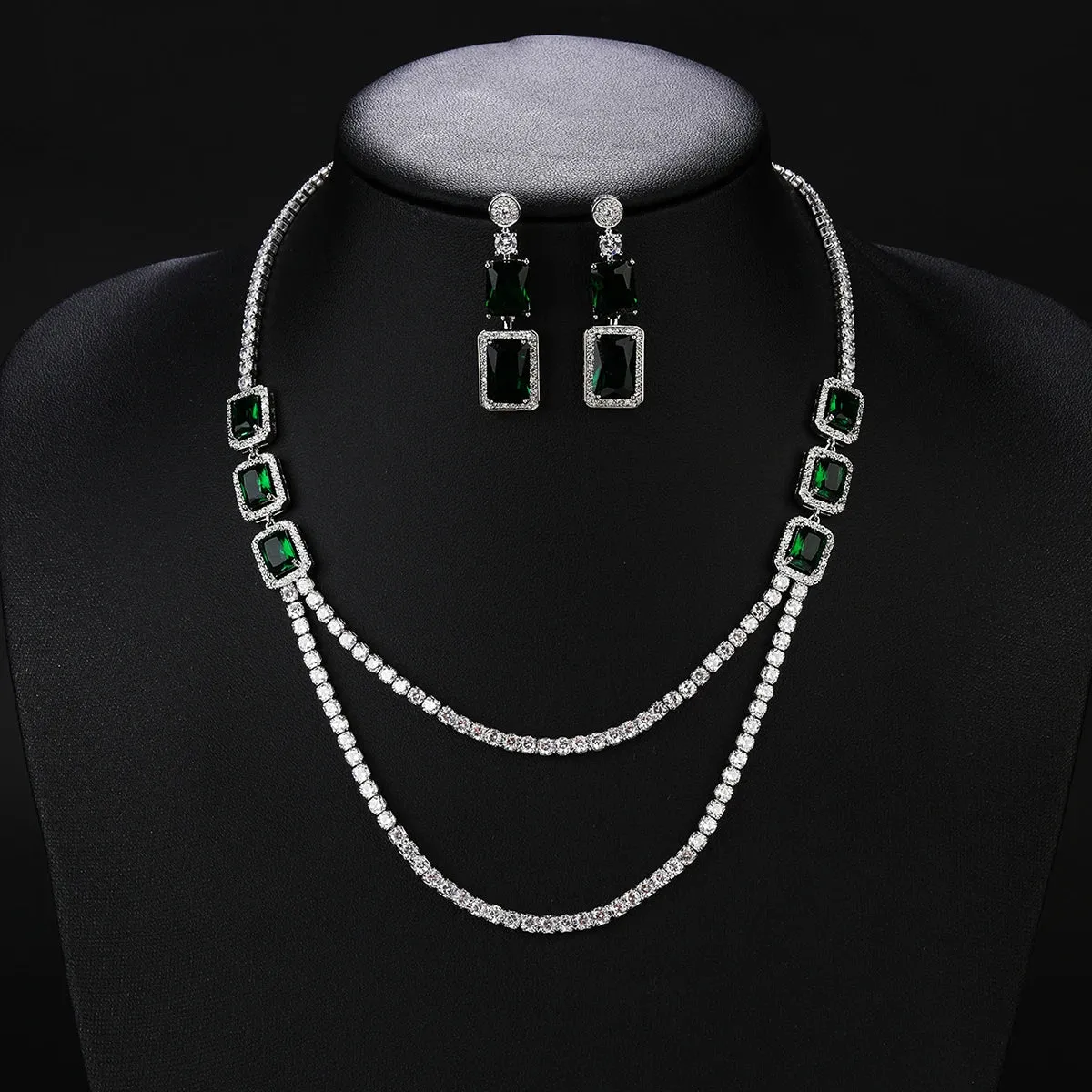 Luxury Green ,Yellow Square Cubic Zircon Double Layered Necklace Earrings Set Wedding Bridal Jewelry Dress Accessories CN10535