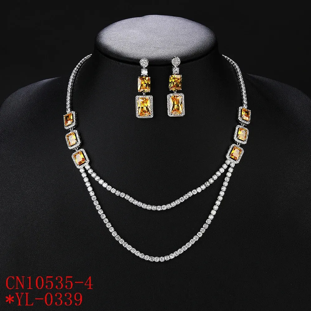 Luxury Green ,Yellow Square Cubic Zircon Double Layered Necklace Earrings Set Wedding Bridal Jewelry Dress Accessories CN10535