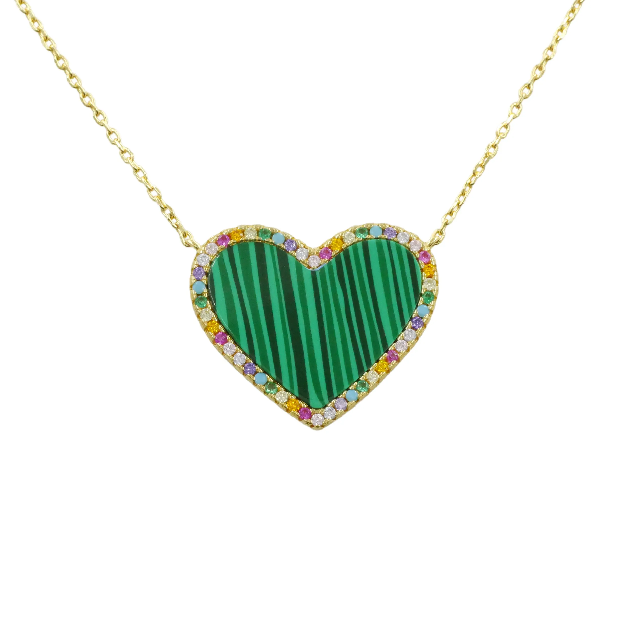 Malachite Heart Necklace with Rainbow Pave