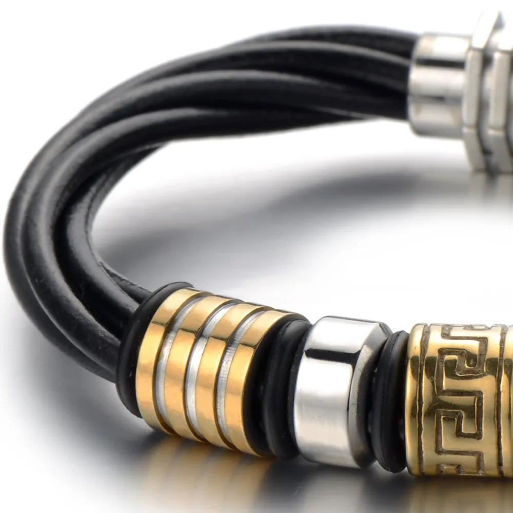 Mens Black Braided Leather Bracelet with Steel Greek Key Charms in Gold Color Bangle Wristband