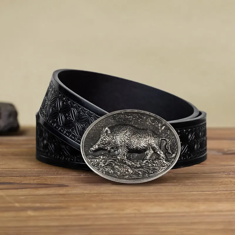 Men's DIY Hunter Wild Boar Buckle Leather Belt