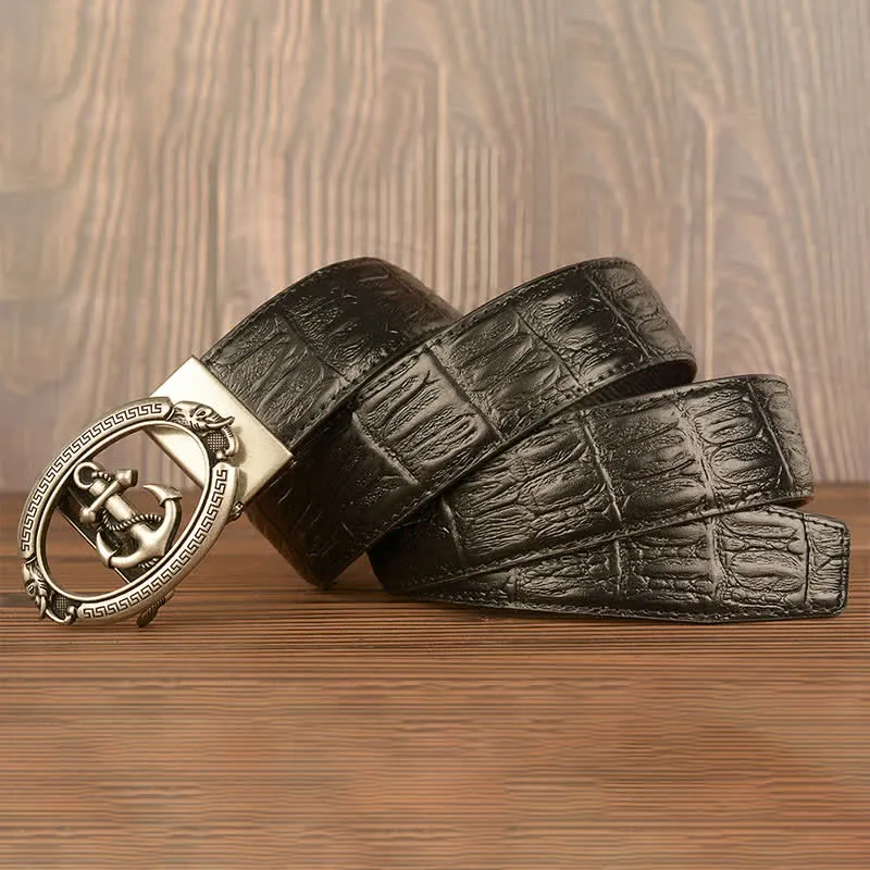 Men's Nautical Anchor Crocodile Embossed Leather Belt