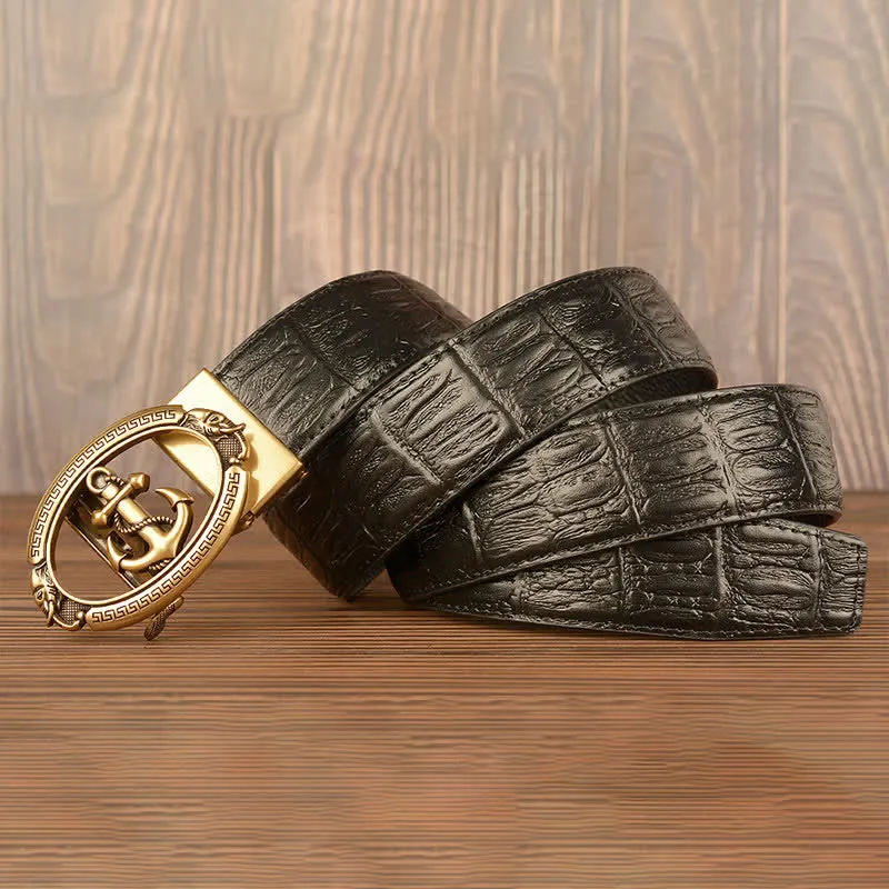 Men's Nautical Anchor Crocodile Embossed Leather Belt