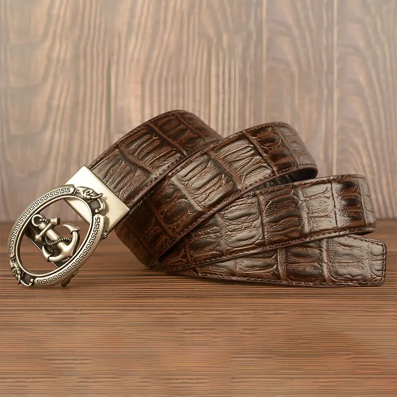 Men's Nautical Anchor Crocodile Embossed Leather Belt