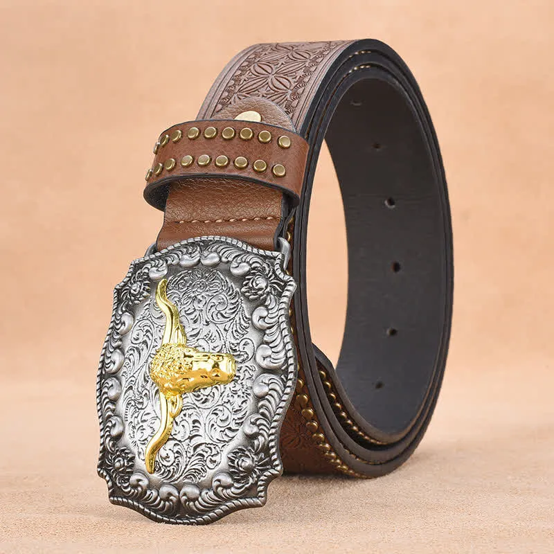 Men's Punk Rivet Gold Longhorn Bull Leather Belt