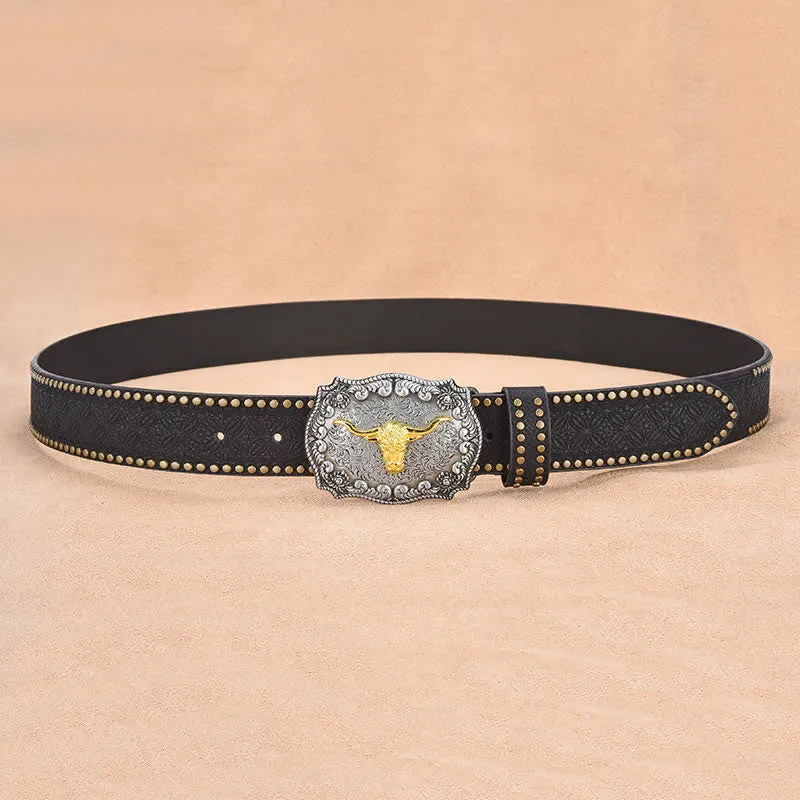 Men's Punk Rivet Gold Longhorn Bull Leather Belt