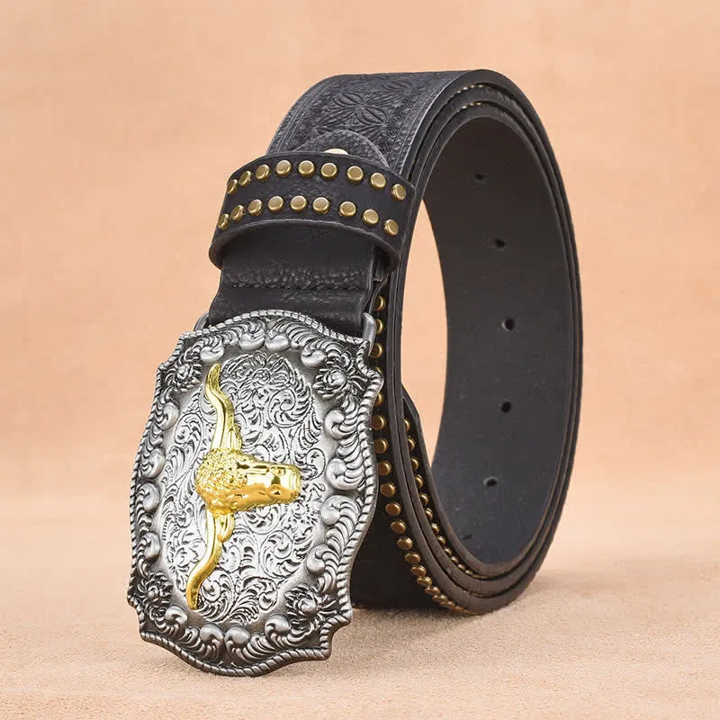 Men's Punk Rivet Gold Longhorn Bull Leather Belt