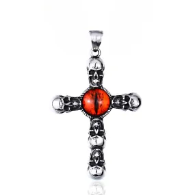 Men's Vintage Titanium Steel Skull Cross Pendant - Punk Ruby Accent Jewelry for Men