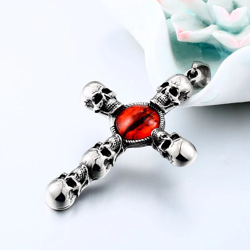 Men's Vintage Titanium Steel Skull Cross Pendant - Punk Ruby Accent Jewelry for Men