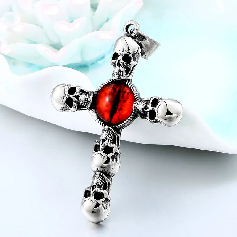 Men's Vintage Titanium Steel Skull Cross Pendant - Punk Ruby Accent Jewelry for Men