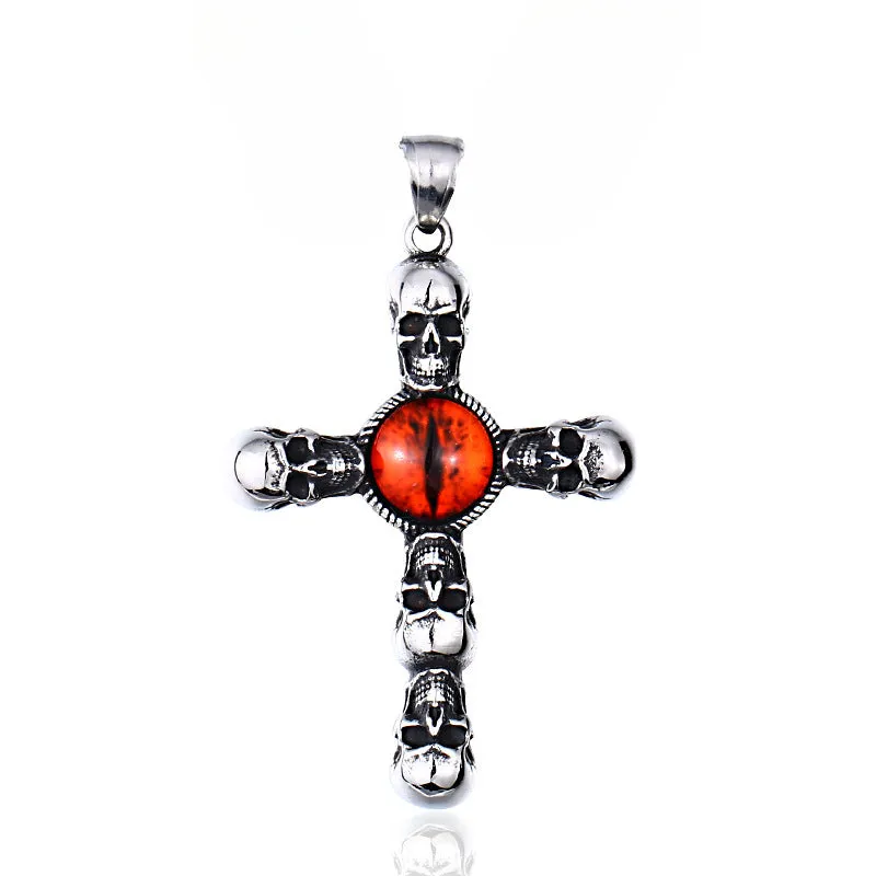 Men's Vintage Titanium Steel Skull Cross Pendant - Punk Ruby Accent Jewelry for Men