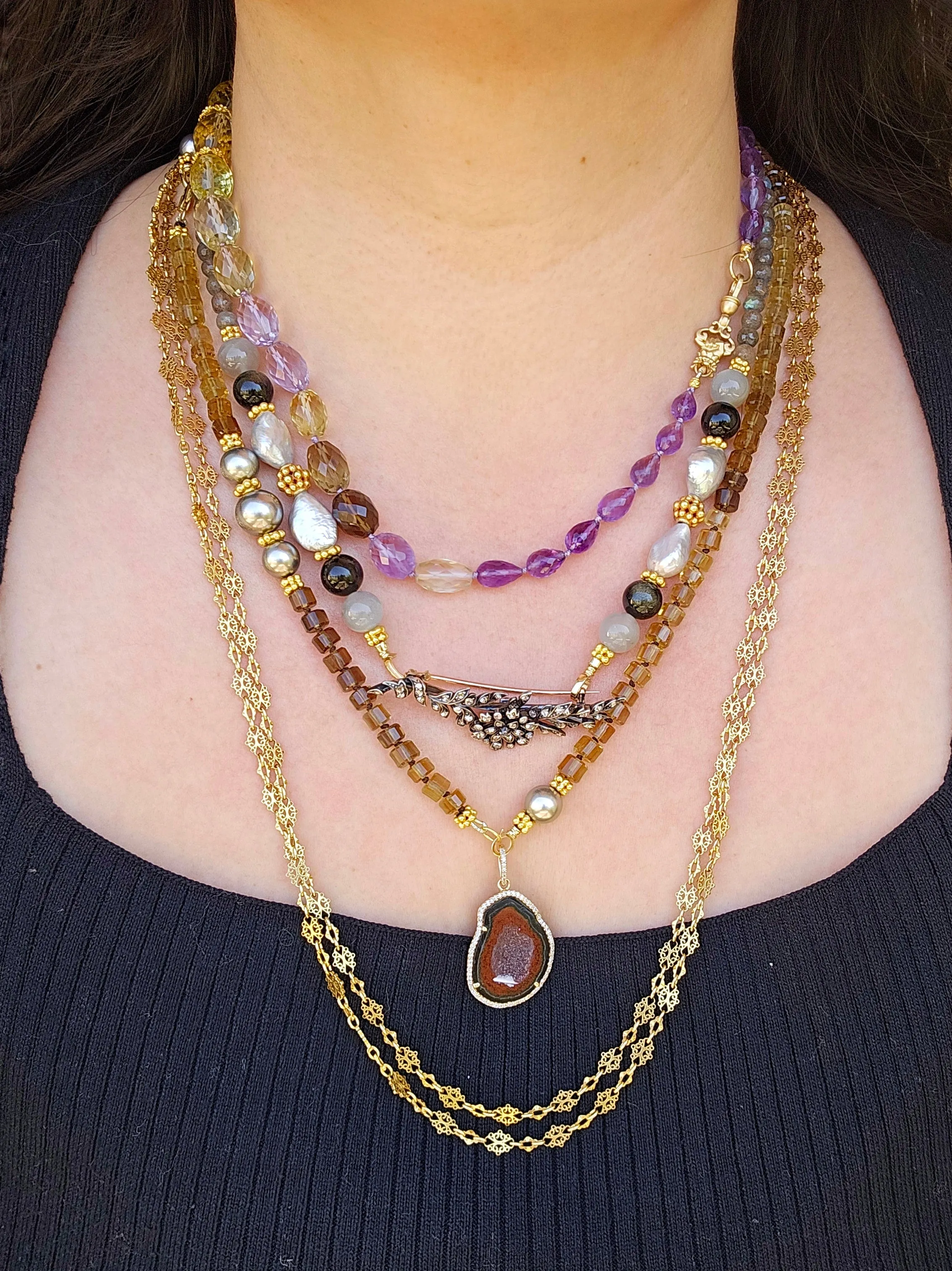 Multicolor Amethyst, Lemon Quartz, Cognac Quartz Large Gemstone Bead Necklace with 18K Yellow Gold Antique Inspired Fist Hand Clasp