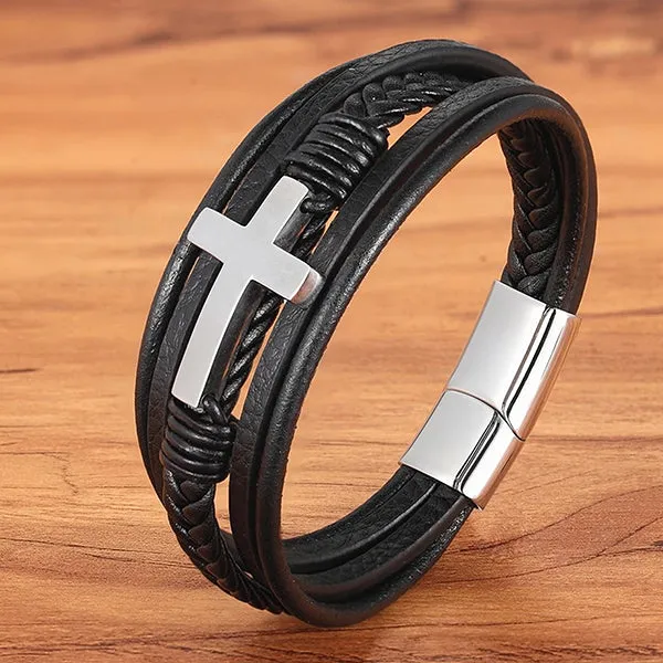 Multilayer Mens Bracelet , Genuine Leather with Cross, Christian Bracelet