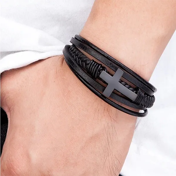 Multilayer Mens Bracelet , Genuine Leather with Cross, Christian Bracelet