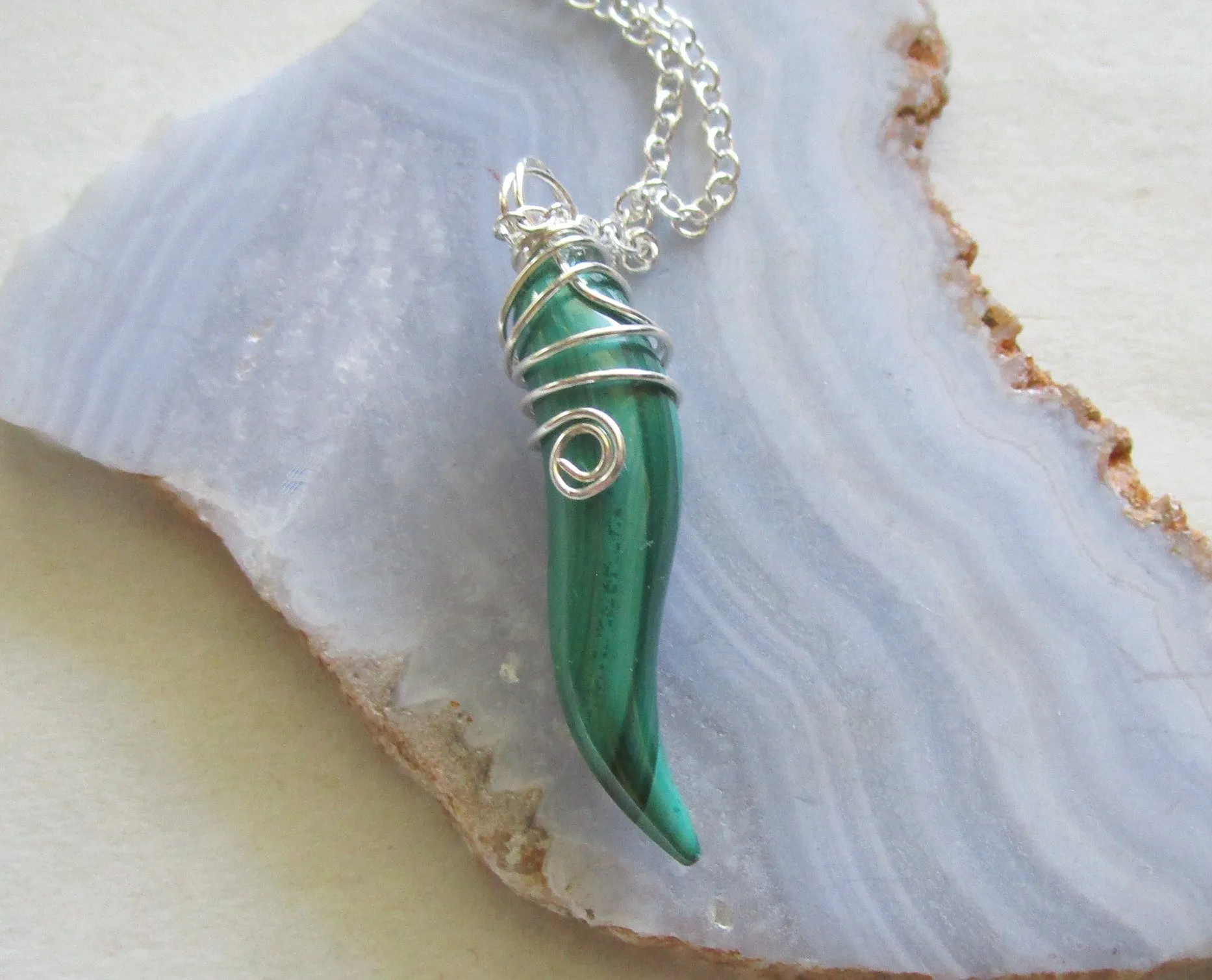 Natural Green Malachite Gemstone Horn Pendant Necklace