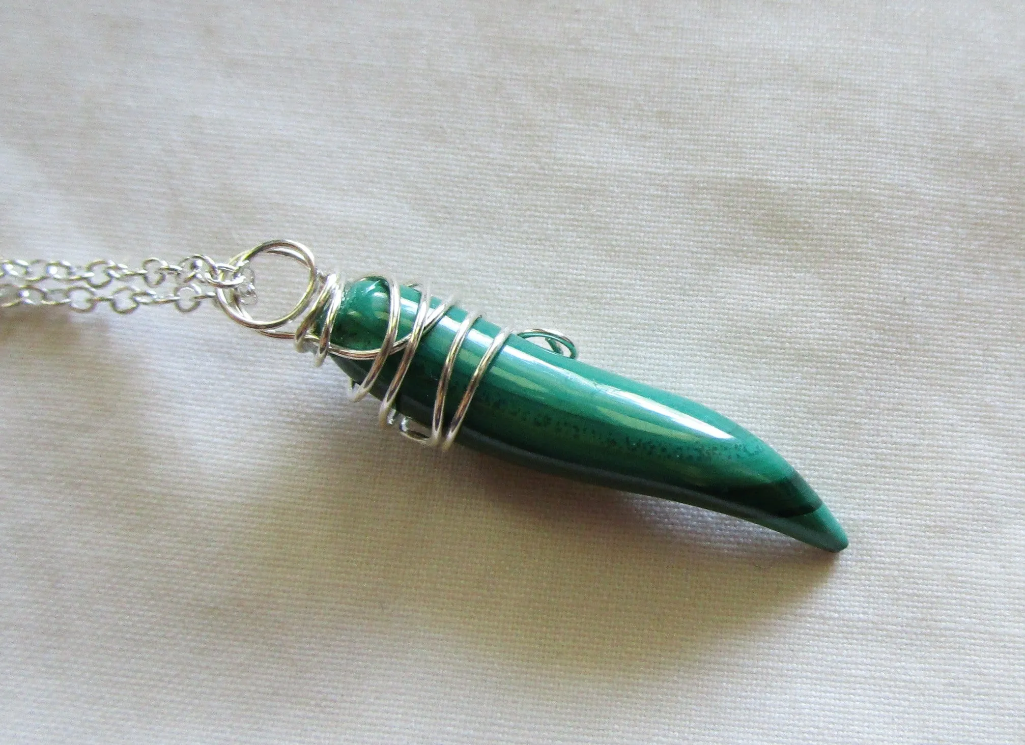 Natural Green Malachite Gemstone Horn Pendant Necklace