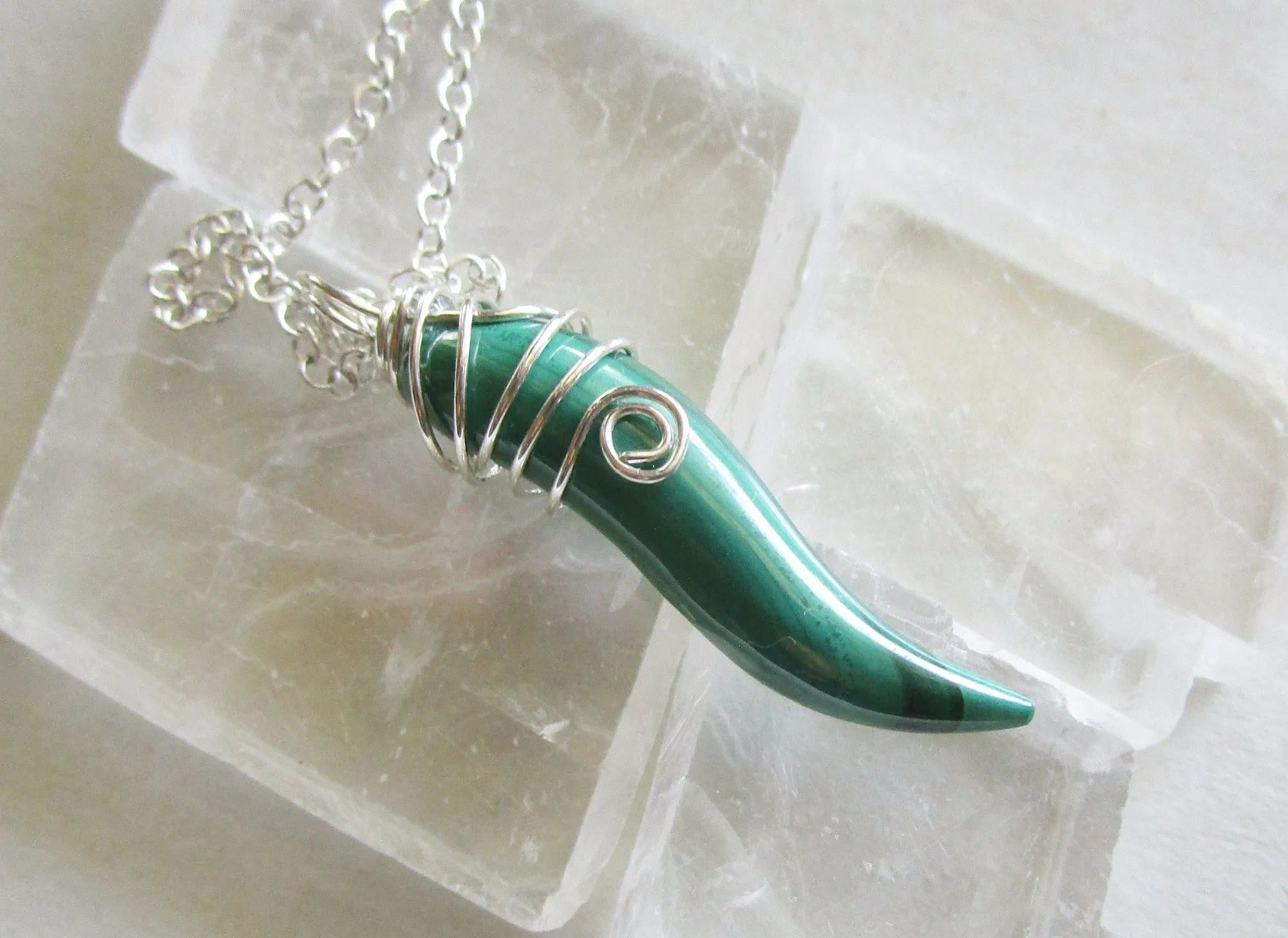 Natural Green Malachite Gemstone Horn Pendant Necklace