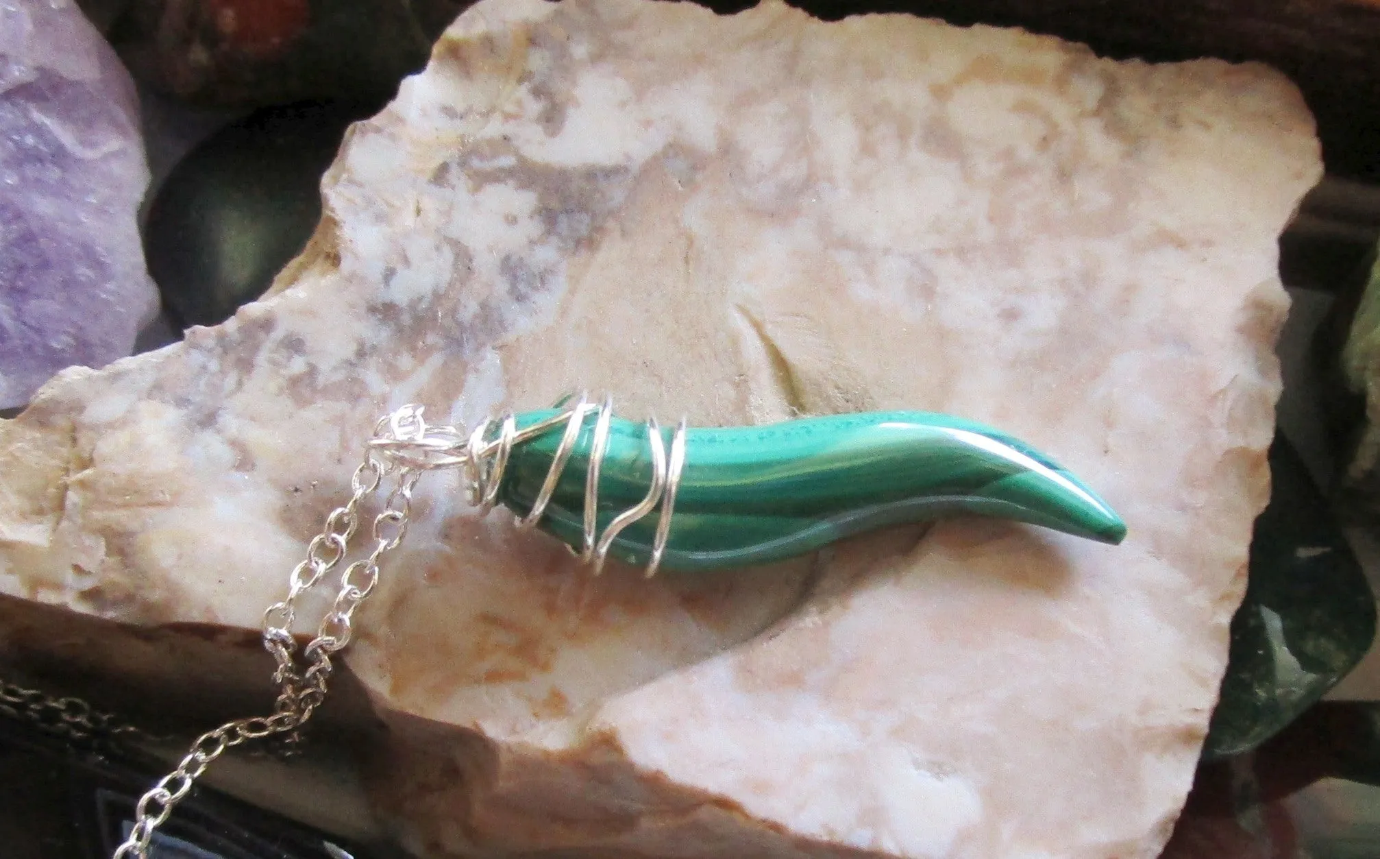 Natural Green Malachite Gemstone Horn Pendant Necklace