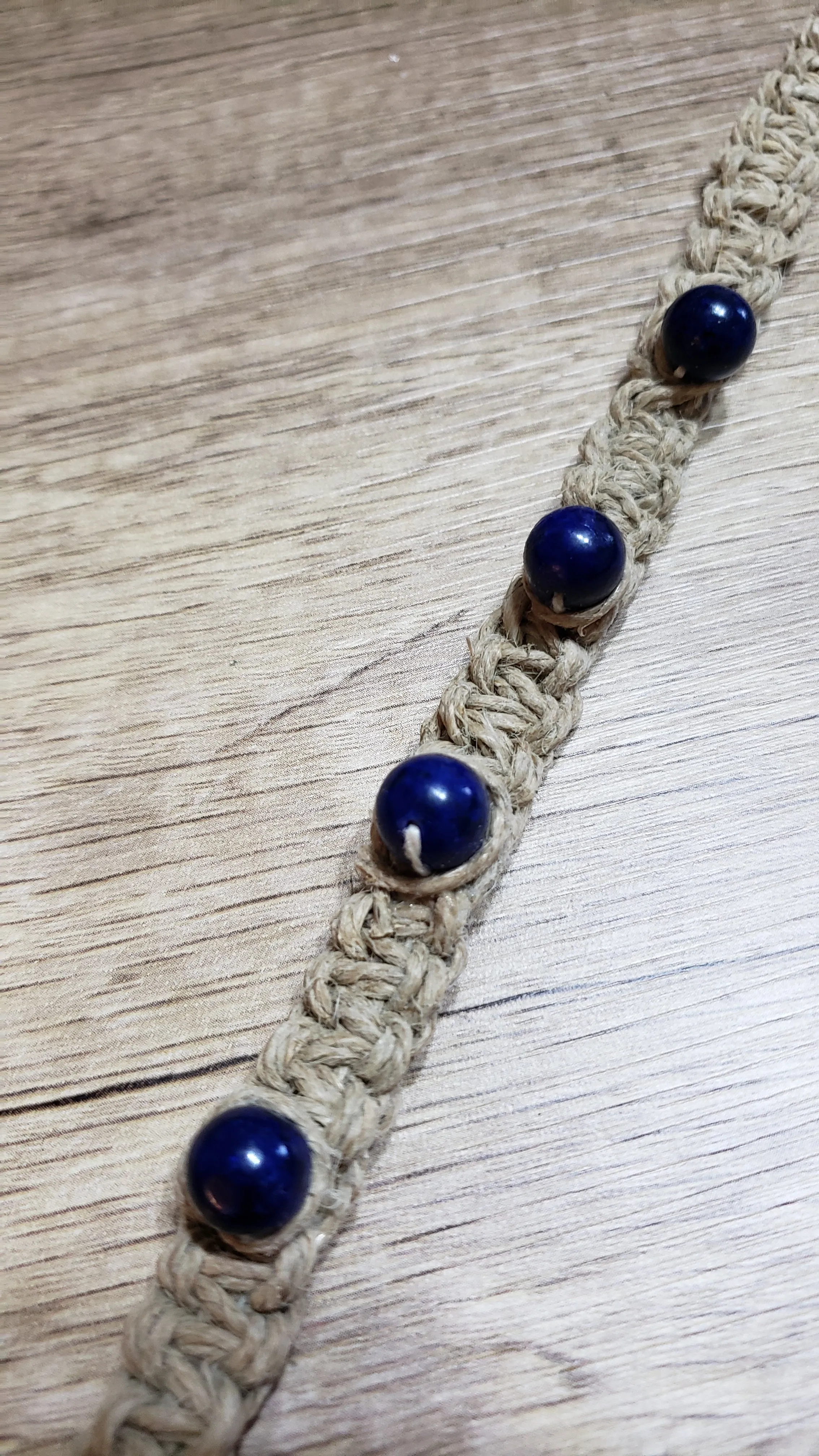 Natural Hemp & Lapis Lazuli Bead, Men's 18" Choker with Carved Bone Closure