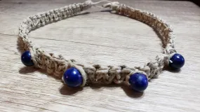 Natural Hemp & Lapis Lazuli Bead, Men's 18" Choker with Carved Bone Closure