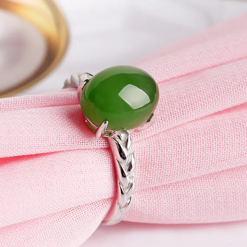 Natural Jade Ring Nephrite Silver Zircon Adjustable Ring ZNRG112