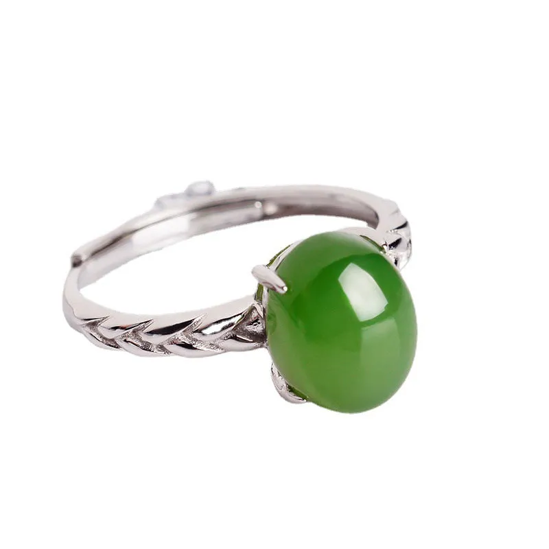 Natural Jade Ring Nephrite Silver Zircon Adjustable Ring ZNRG112