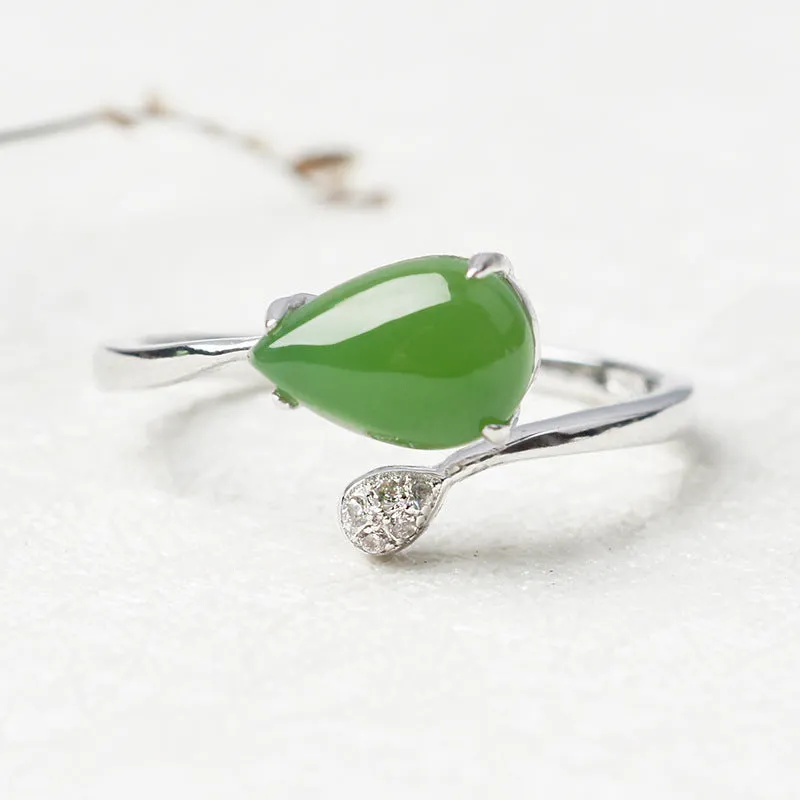 Natural Jade Ring Nephrite Silver Zircon Adjustable Ring ZNRG125