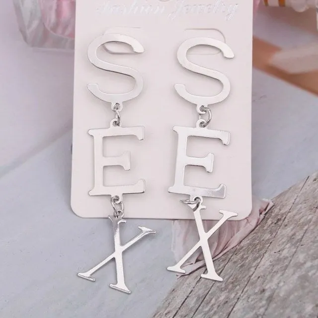 New English Alphabet SEX Long Drop Earring for Women Paint Gold Color Metal Statement Party Wedding Jewelry Accessories