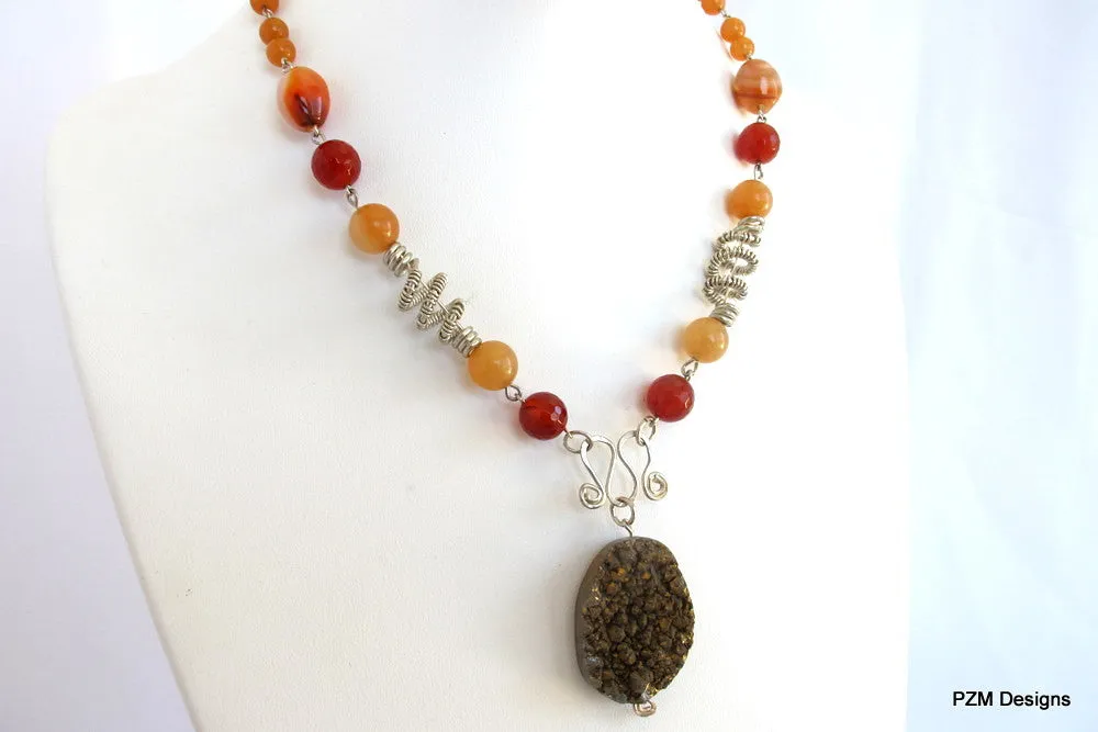 Orange Carnelian and Druzy Wire Wrapped Gemstone Necklace, Gift for Her