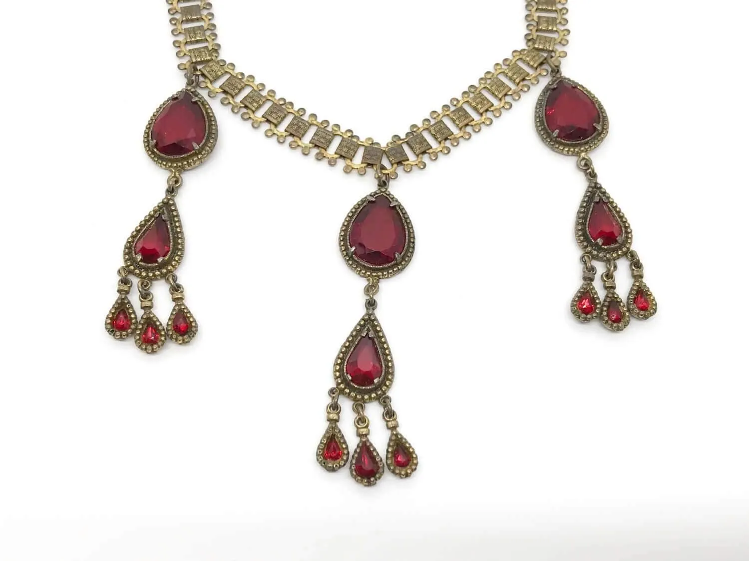 Ornate Vintage Drop Necklace with Red Stones:  All Heads Will Turn!