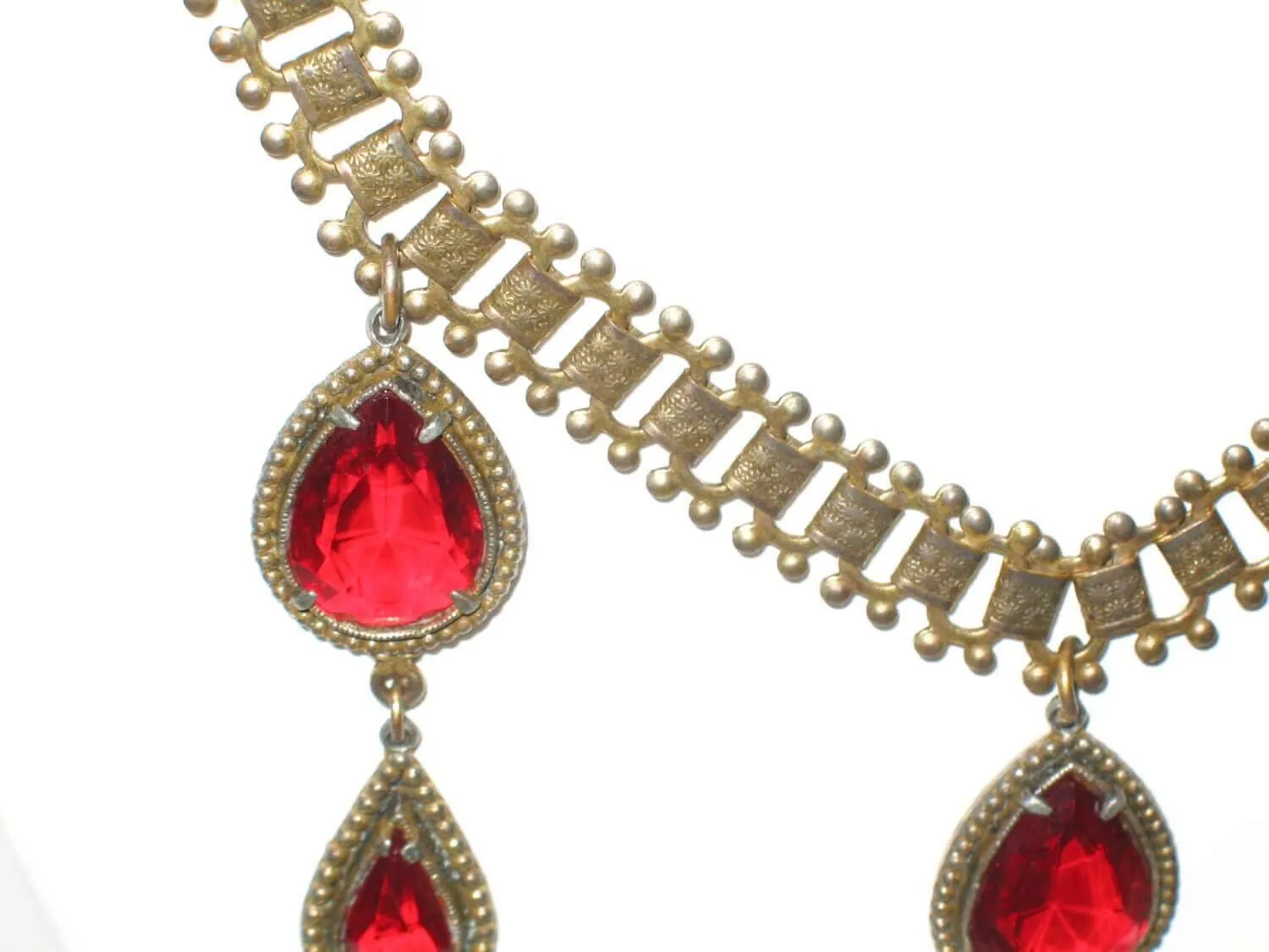 Ornate Vintage Drop Necklace with Red Stones:  All Heads Will Turn!