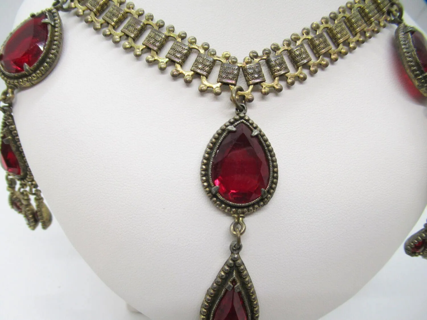 Ornate Vintage Drop Necklace with Red Stones:  All Heads Will Turn!