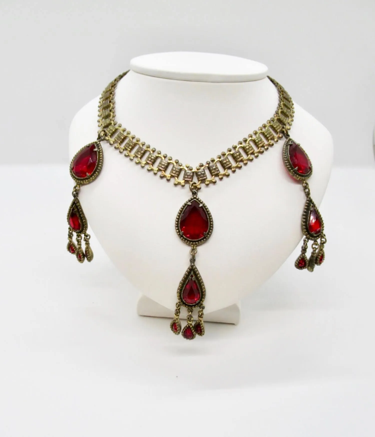 Ornate Vintage Drop Necklace with Red Stones:  All Heads Will Turn!