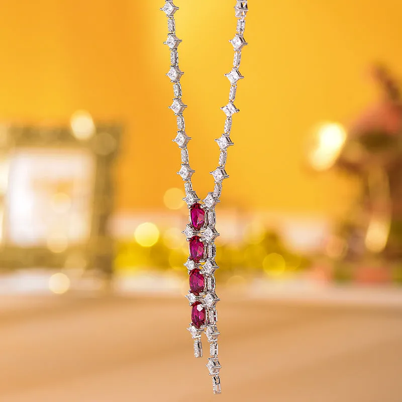 Oval Lab Created Ruby Beading Tassle Silver Necklace