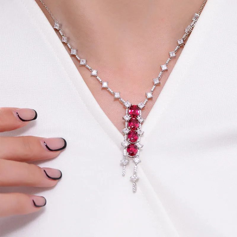 Oval Lab Created Ruby Beading Tassle Silver Necklace