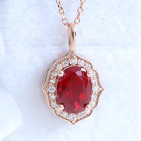 Oval Ruby Diamond Necklace in 14k Gold Vintage Floral Halo Pendant