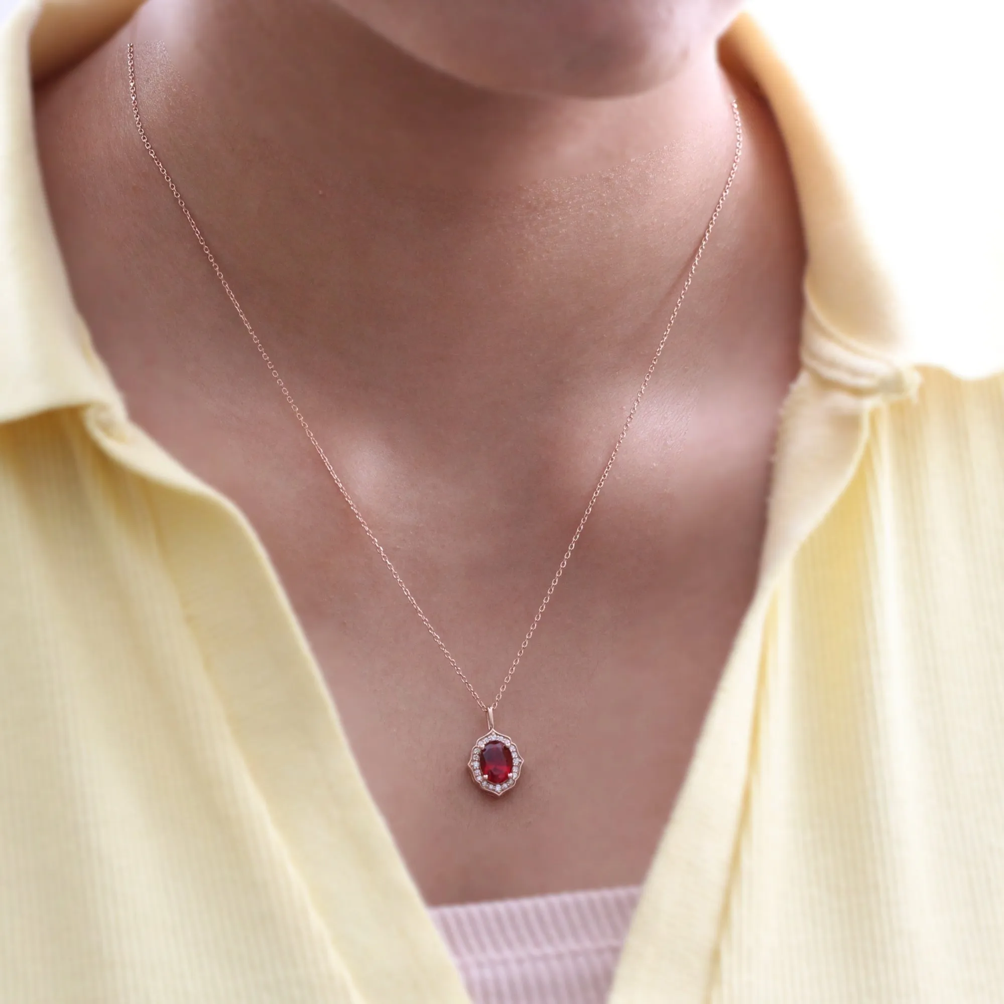 Oval Ruby Diamond Necklace in 14k Gold Vintage Floral Halo Pendant