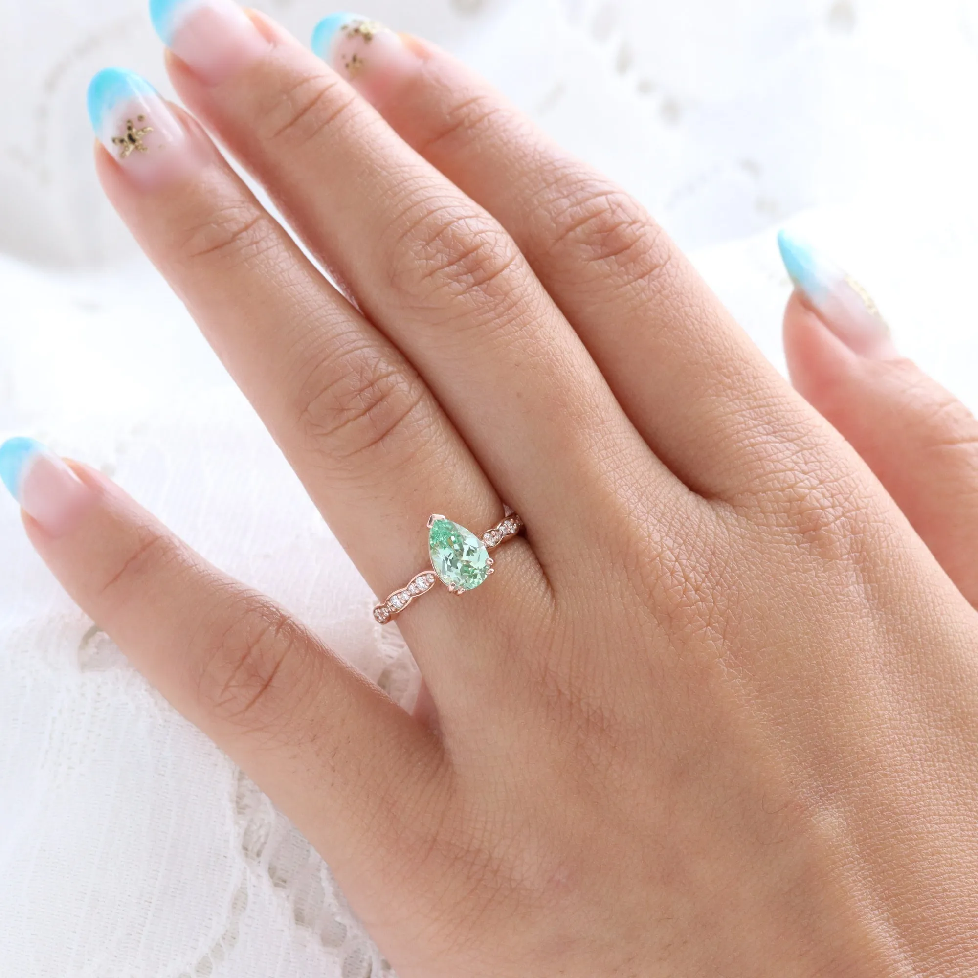 Pear Seafoam Green Sapphire Ring in Grace Solitaire Diamond Scalloped Band