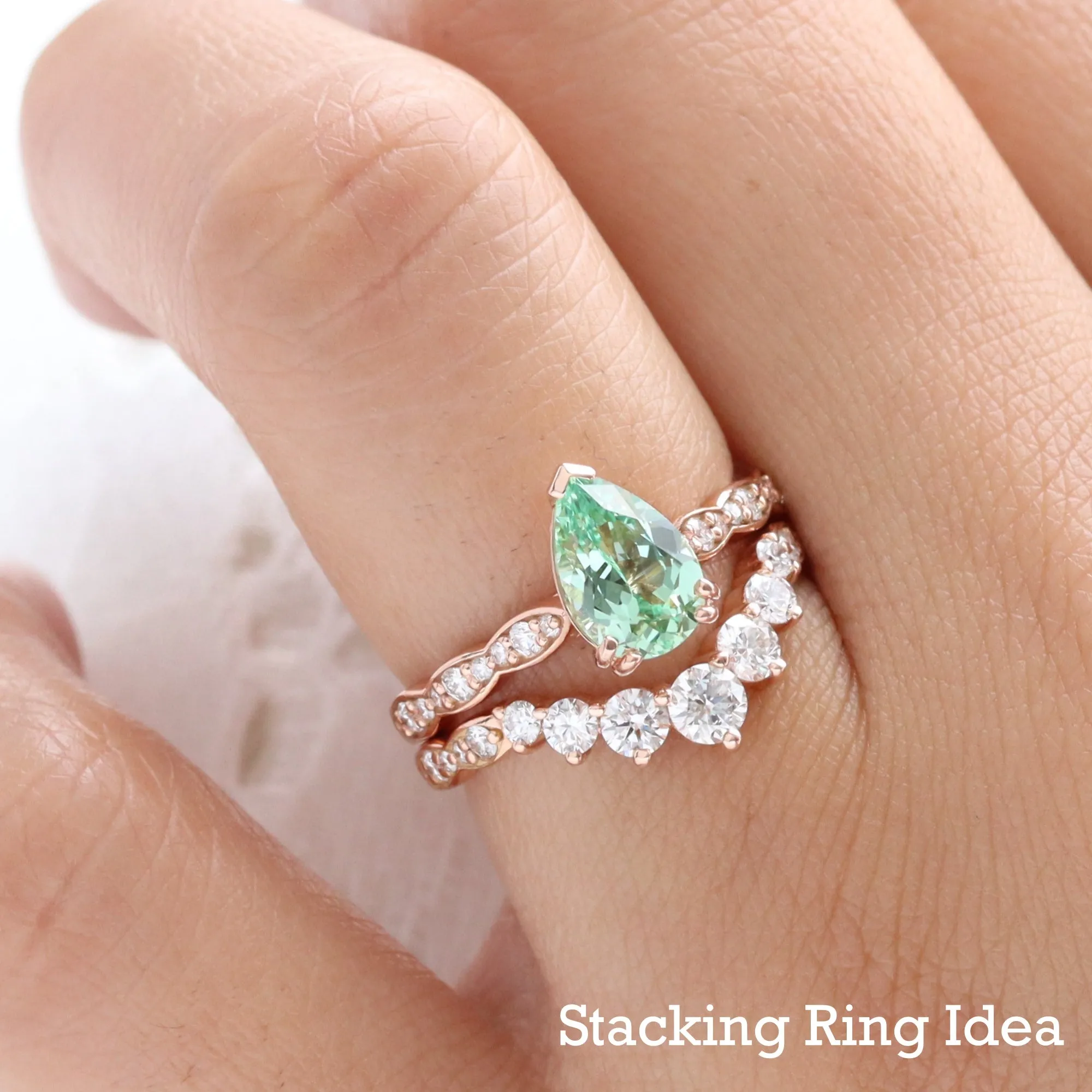 Pear Seafoam Green Sapphire Ring in Grace Solitaire Diamond Scalloped Band