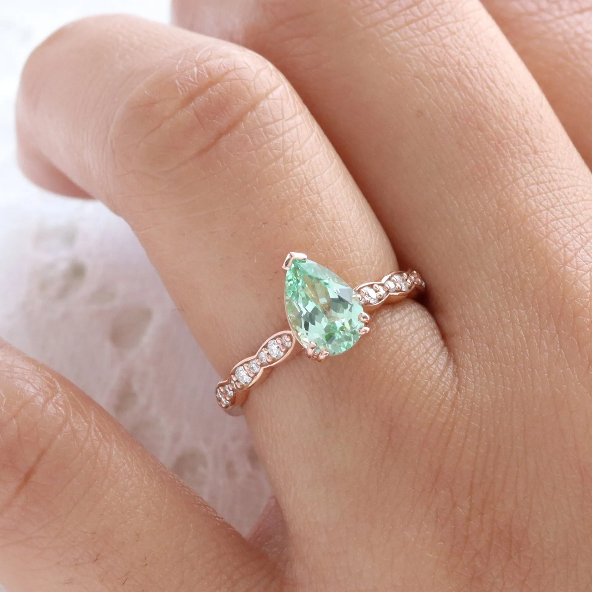 Pear Seafoam Green Sapphire Ring in Grace Solitaire Diamond Scalloped Band