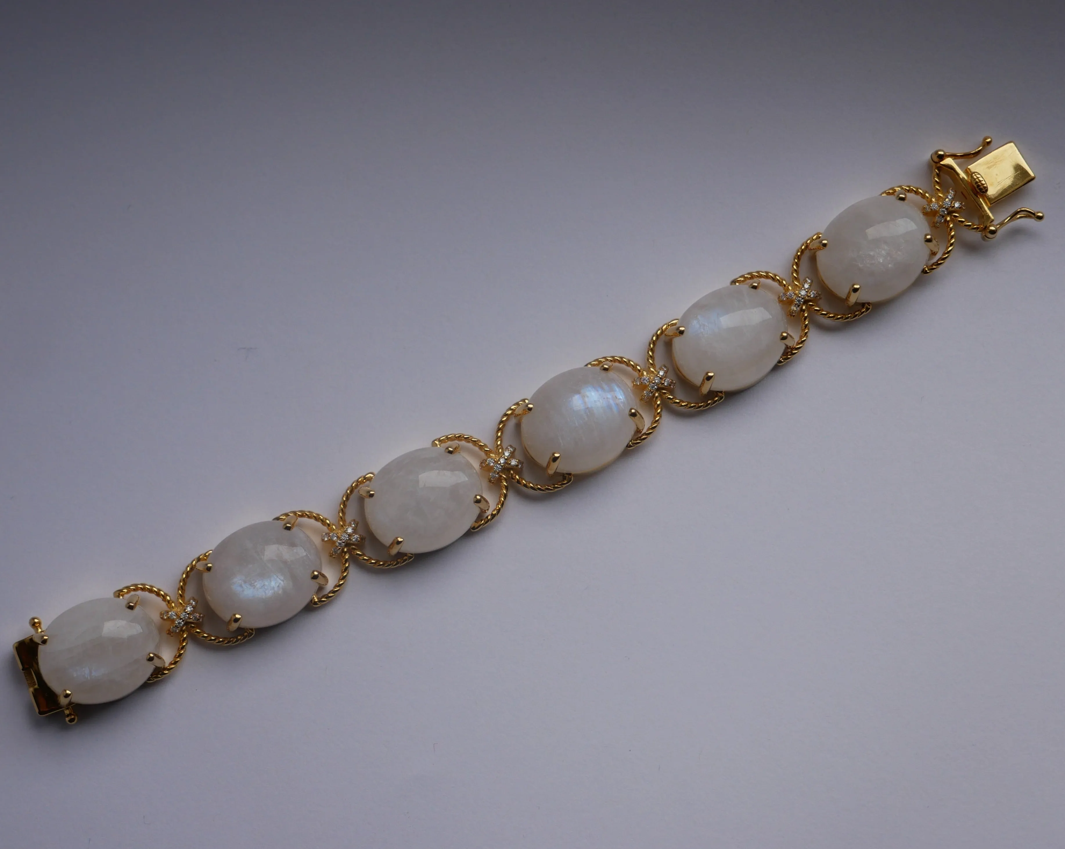 Pebble Cabochon Sicilian Moonstone/Amethyst/Citrine and Moissanite Rope Bracelet