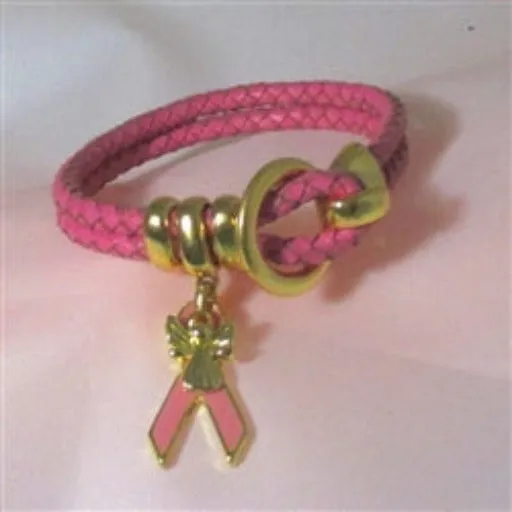 Pink Awareness Leather Braided Bracelet Gold Angel Charm