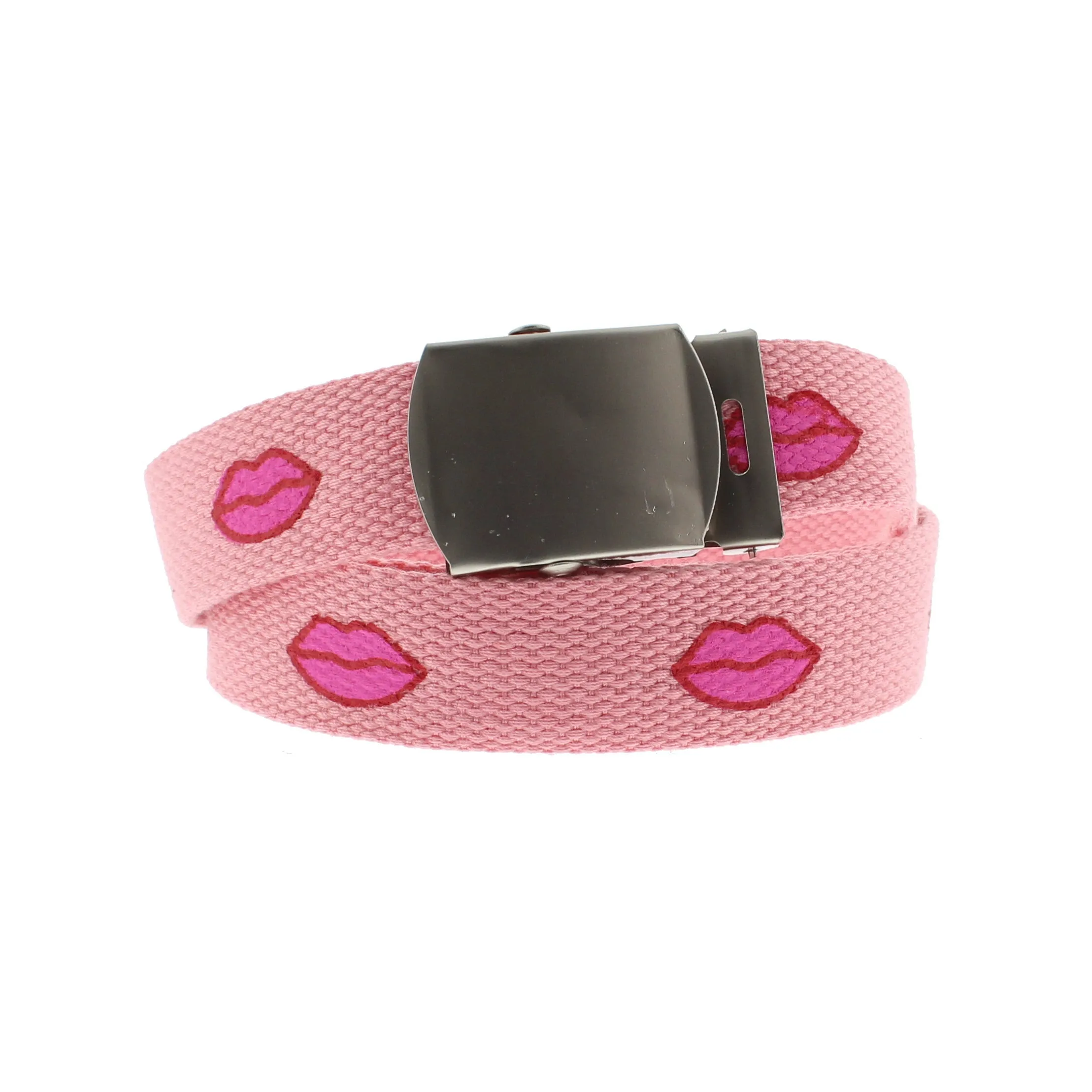 Pink Lips Print Canvas Webbing Belt with Shiny Silver Slider Buckle (Length - 120cm, Width - 3cm)