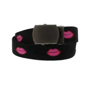 Pink Lips Print Canvas Webbing Belt with Shiny Silver Slider Buckle (Length - 120cm, Width - 3cm)