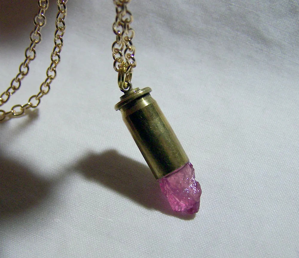 Pink Ruby Gemstone Natural Crystal Bullet Jewelry Pendant Necklace